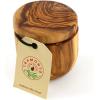 imageTramanto Olive Wood Salt Pot  Rustic Wooden Cellar and Pinch for Salts with Lid  35 Inch Wide