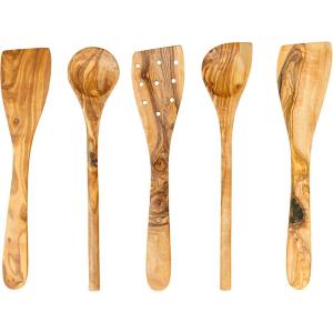 imageTramanto Olive Wood Round Spoon Beautiful HandCarved For Mixing Stirring and Serving 12 inches5 Piece Set