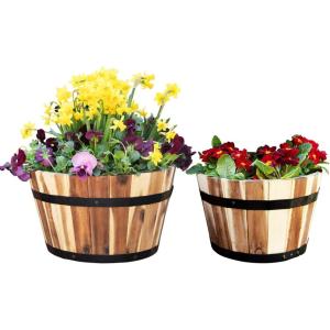 image:imageVilla Acacia Medium Whiskey Barrel Planters Round Wood Planters Set of Two 16 and 13 Inch Diameter